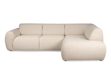 A contemporary cream-colored sectional sofa upholstered in boucle fabric, featuring a three-seater configuration with an integrated chaise lounge on the right side. The design emphasizes soft, rounded edges and a low profile, contributing to a modern and inviting aesthetic. The sofa appears to be composed of modular sections, indicated by subtle seam lines, offering a flexible and comfortable seating solution. — 3D model
