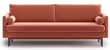 A modern three-seater sofa with a rectangular frame. The sofa features a plush upholstered body in a coral or terracotta color. It has a straight, horizontal backrest divided into two sections by a vertical seam and a horizontal seat cushion. The armrests are low and integrated into the frame, with one cylindrical bolster pillow placed on each side. The sofa is supported by thin, dark-colored legs. — 3D model