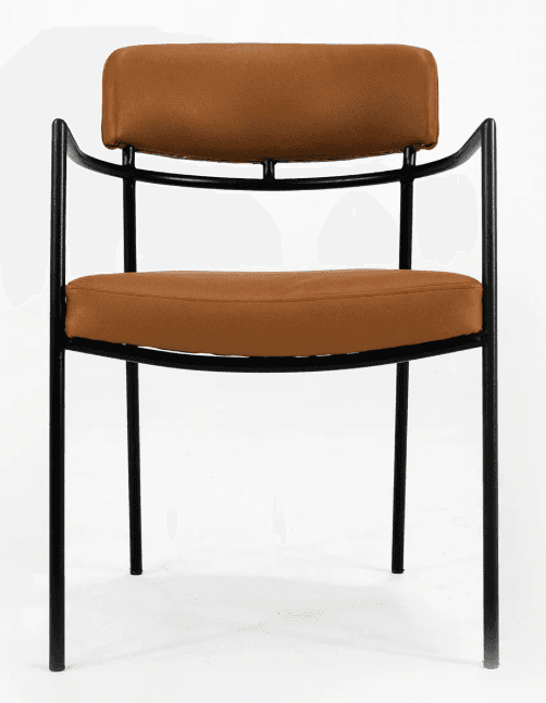 A modern armchair with a metal frame and upholstered seat and backrest. The frame consists of slender, black metal tubing forming the legs, arms, and support structure. The seat and backrest are padded and covered in a brown, faux leather material with visible stitching. The design is minimalist and contemporary. — 3D model