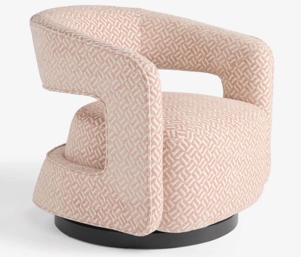 A modern armchair with a rounded silhouette and integrated armrests. The chair features a swivel base and is upholstered in a textured fabric with a geometric pattern. The base is circular and black. — 3D model