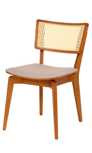 A modern dining chair with a wooden frame and a cane-woven backrest. The seat is upholstered in a light-colored fabric. The chair has four tapered legs and a gently curved back. — 3D model