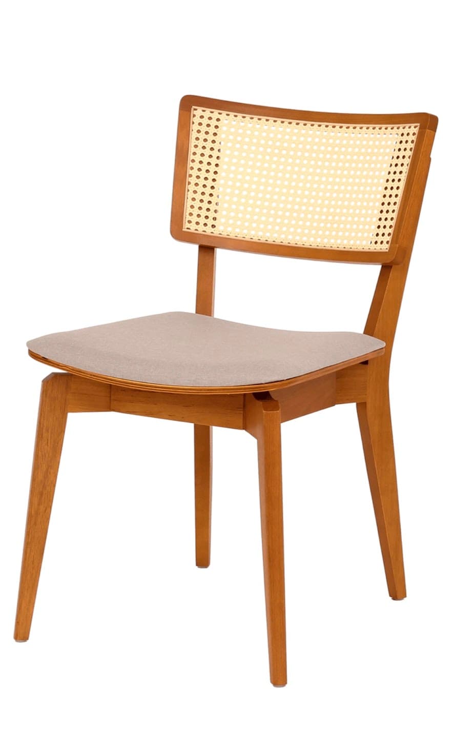 A modern dining chair with a wooden frame and a cane-woven backrest. The seat is upholstered in a light-colored fabric. The chair has four tapered legs and a gently curved back. — 3D model