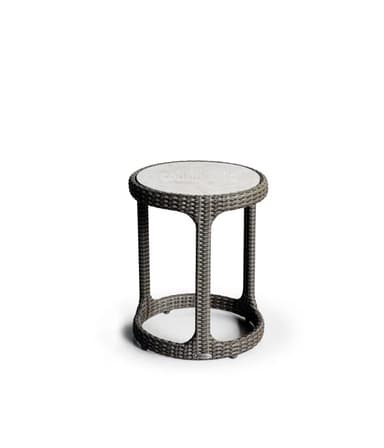 A contemporary round side table featuring a woven gray synthetic wicker base and a light-colored, possibly glass or ceramic, tabletop. The table has an open, cylindrical form with a flared base and top rim, designed for outdoor use. — 3D model