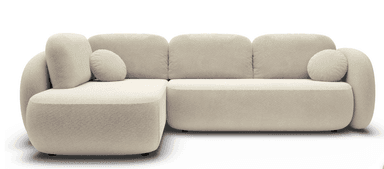 An L-shaped sectional sofa featuring a modern, plush design with rounded edges and soft, voluminous forms. It is upholstered in a light-colored, textured bouclé fabric and includes separate back cushions and two cylindrical accent pillows. — 3D model