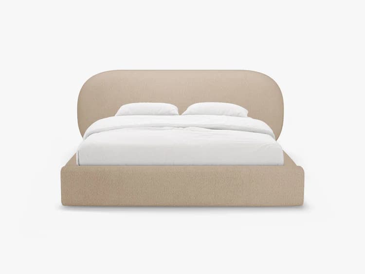 A modern upholstered platform bed featuring a large, rounded headboard and a low-profile frame, entirely covered in a light beige, textured boucle-like fabric. — 3D model