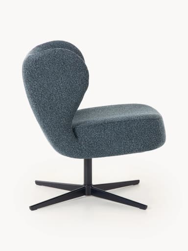 A modern accent chair with a distinctive wingback design. It features a fabric upholstery with a textured appearance and a swivel base with four legs. — 3D model