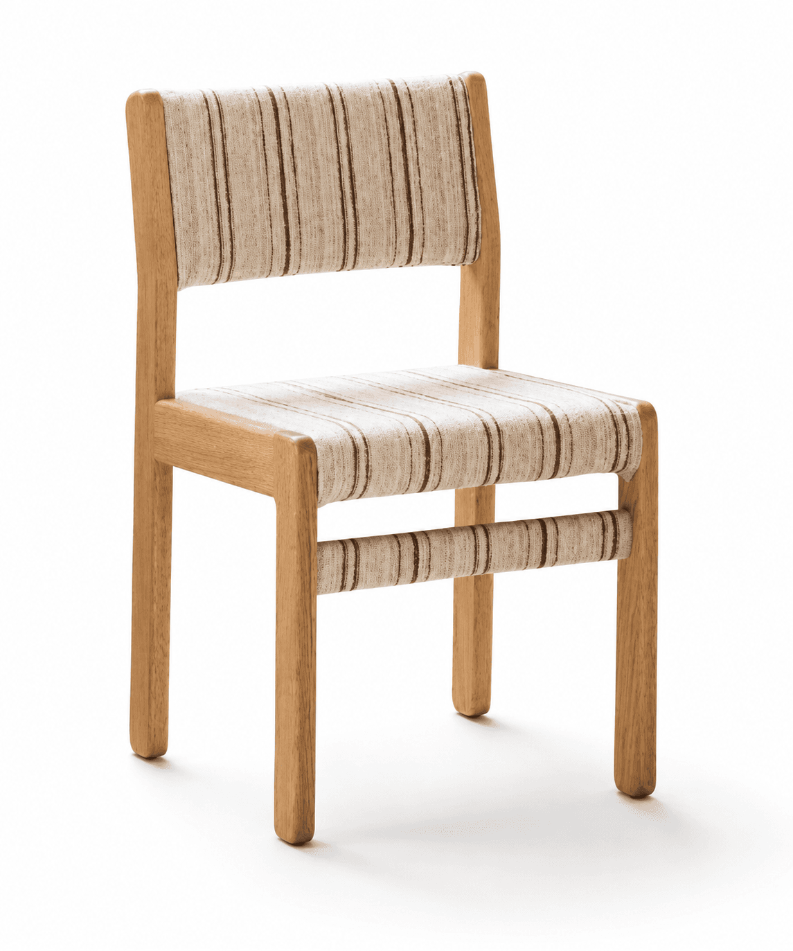 A contemporary armless chair featuring a light-toned wooden frame and a seat and backrest composed of woven fabric webbing with vertical stripes. — 3D model