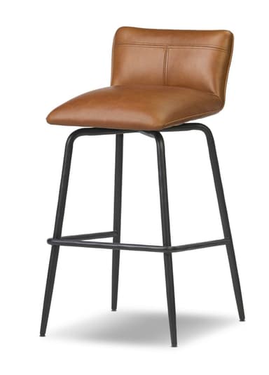 A modern bar stool with a contoured, upholstered seat and backrest supported by a black metal four-legged frame. The seat and back are covered in a brown, leather-like material with visible stitching details on the backrest. The frame consists of thin, cylindrical metal legs connected by a lower horizontal footrest. The stool appears to be designed for a counter or bar height. — 3D model