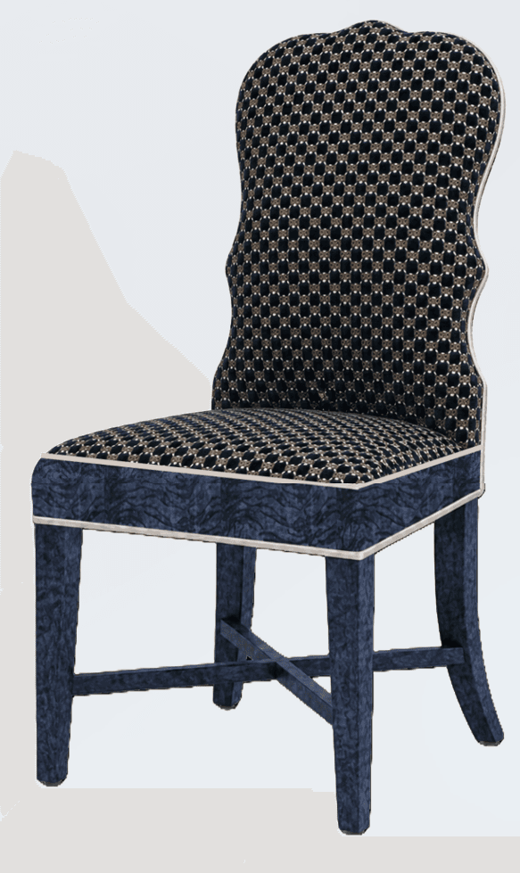 A finely upholstered dining chair with a high, curved back and a padded seat. The chair features dark blue legs with a subtle textured finish. The seat and backrest are upholstered in a fabric with a repeating geometric pattern in dark blue and gold. A decorative trim, possibly piping, in a light beige color outlines the seat and the edge of the backrest. — 3D model