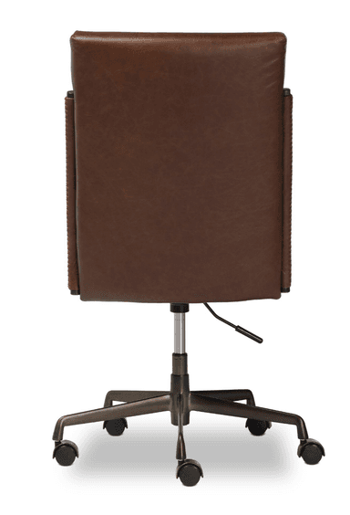 A contemporary brown leather swivel desk chair featuring a high back and cushioned seat, supported by a five-star metal base with casters. The chair includes fixed, curved metal armrests with decorative stitching details on the upholstered portions. — 3D model