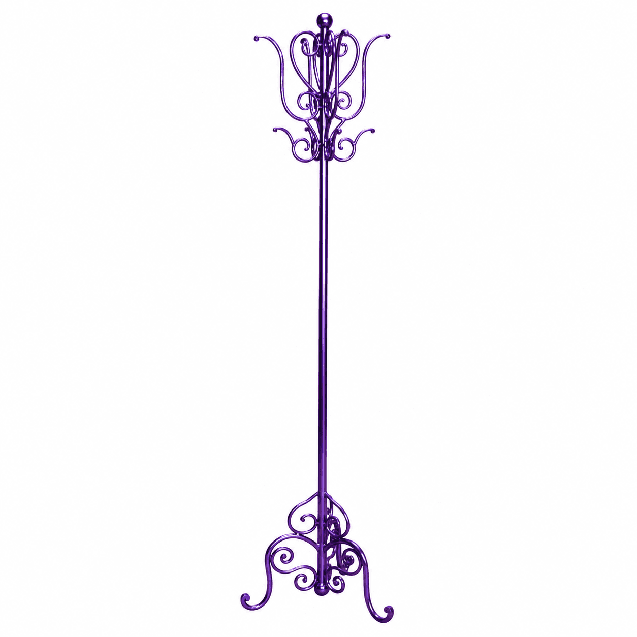A tall, floor-standing coat rack featuring an ornate design with intricate scrollwork. It is made of metal and finished in a vibrant metallic purple color, giving it a striking and decorative appearance. The rack has multiple hooks at the top for hanging garments and a detailed, stable base with swirling patterns. — 3D model