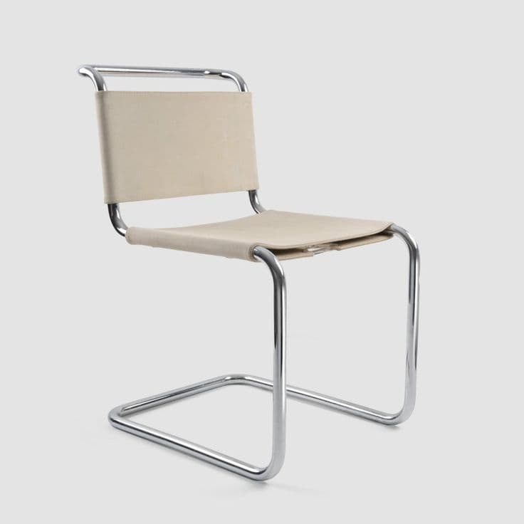 A modern cantilever dining chair featuring a continuous tubular chrome frame that forms the legs, seat support, and backrest support. The seat and backrest are constructed from a light beige or off-white sling material, likely leather or heavy canvas, stretched taut between the chrome tubes. The design is minimalist and iconic, characterized by its floating appearance and clean lines. — 3D model