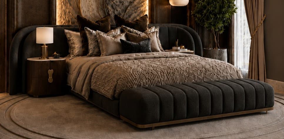 A modern upholstered bench featuring a channel-tufted dark gray fabric top and a minimalist light wood base. The bench is rectangular with rounded edges on the upholstered section and lacks a backrest or armrests. — 3D model