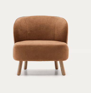 A compact, contemporary upholstered chair featuring a rounded back and seat, supported by four splayed wooden legs. The chair is entirely covered in a textured, brown fabric, with subtle piping along the seams of the backrest. Its design is armless, creating a clean and minimalist silhouette. — 3D model
