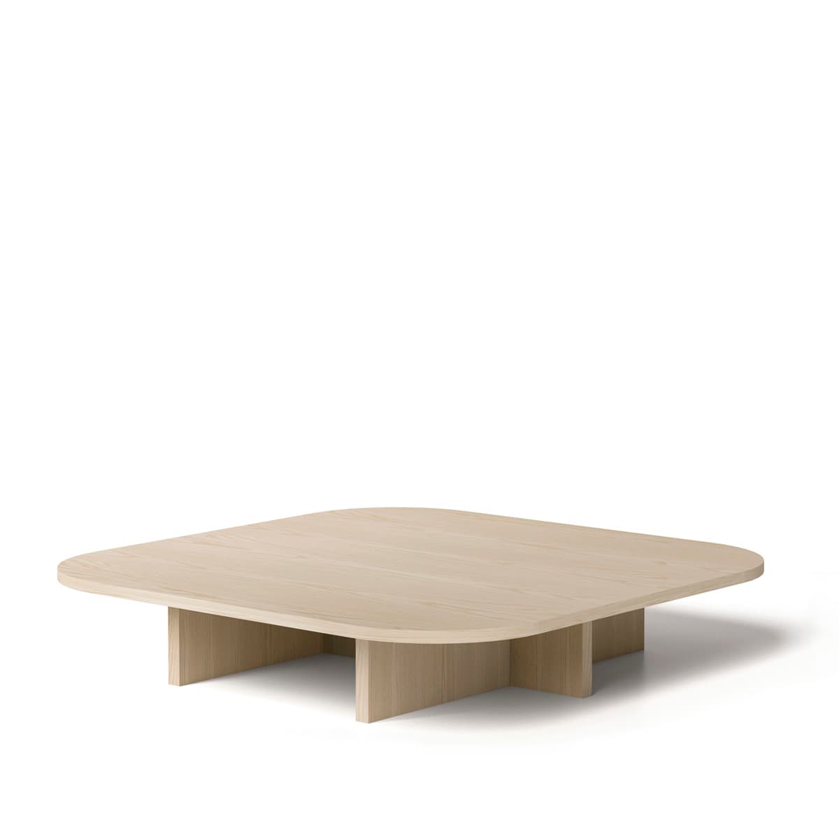 A minimalist, low-profile coffee table featuring a rounded rectangular top crafted from light-toned wood. The base consists of two intersecting, thick wooden panels that provide stable support while maintaining a clean aesthetic. — 3D model