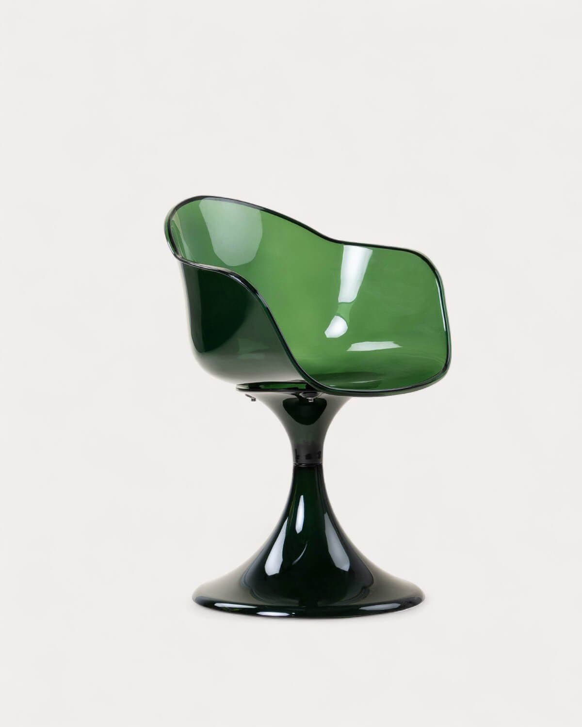 A modern armchair with a molded, translucent green shell-like seat and backrest, supported by a single, fluted pedestal base that flares out at the bottom. The design features smooth, curved lines and a glossy finish, with a black rim outlining the seat. — 3D model