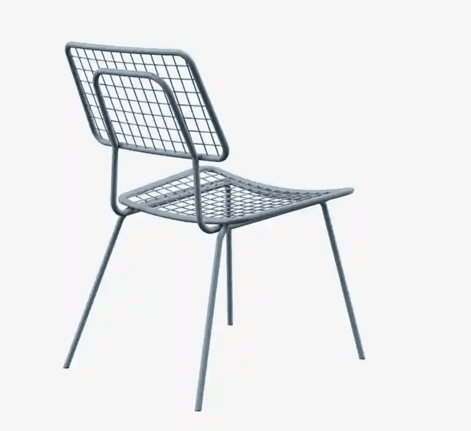An armless chair constructed from light blue-gray powder-coated metal, featuring a grid or mesh pattern for both the seat and backrest, supported by a thin tubular metal frame and four splayed legs. — 3D model