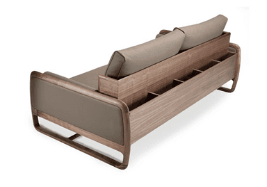 A contemporary loveseat featuring a sleek wooden frame with gently curved edges and an integrated storage unit at the back. The seating area is upholstered in a smooth, matte-finish taupe material, likely leather or high-quality faux leather, with two back cushions. The rear of the sofa showcases a functional storage solution with multiple compartments, crafted from the same warm-toned wood as the frame. — 3D model