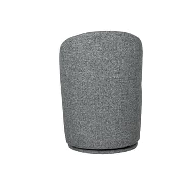 A modern upholstered accent chair featuring a barrel-like form and a swivel base, covered in a textured grey fabric. The chair's back is gently curved, indicating a comfortable and supportive design. The base is subtly recessed, creating a floating effect. It is photographed against a white background. — 3D model