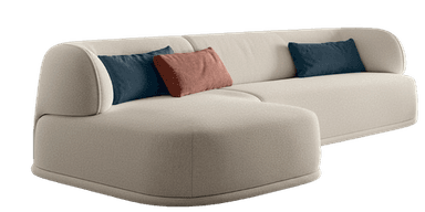 A contemporary organic chaise sofa upholstered in a light beige, highly textured fabric. The sofa features fluid, curved forms, including a gently sloped backrest that transitions into a rounded armrest on one side, and an integrated chaise lounge section on the other. It comes with two accent pillows, one deep blue and one rust orange. — 3D model