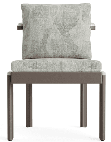 A contemporary armchair featuring a robust, angular metal frame in a dark bronze finish, complemented by plush, removable upholstered seat and back cushions. The fabric has a light green and beige geometric pattern. The armrests are integrated into the frame, with rounded metallic end caps. — 3D model