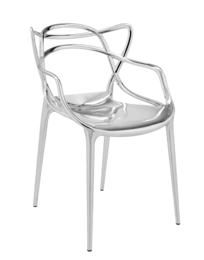 A modern, sculptural armchair with a high-gloss, metallic finish. The chair features a continuous, flowing design, integrating the seat, backrest, and armrests into a cohesive form. It rests on four slender, tapered legs. — 3D model