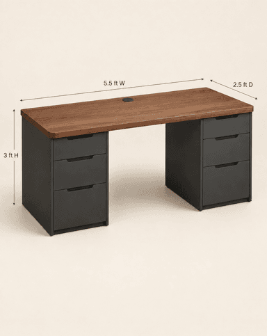 A modern executive desk featuring a brown wooden top and two dark gray drawer pedestals with integrated pulls and a cable management grommet. — 3D model