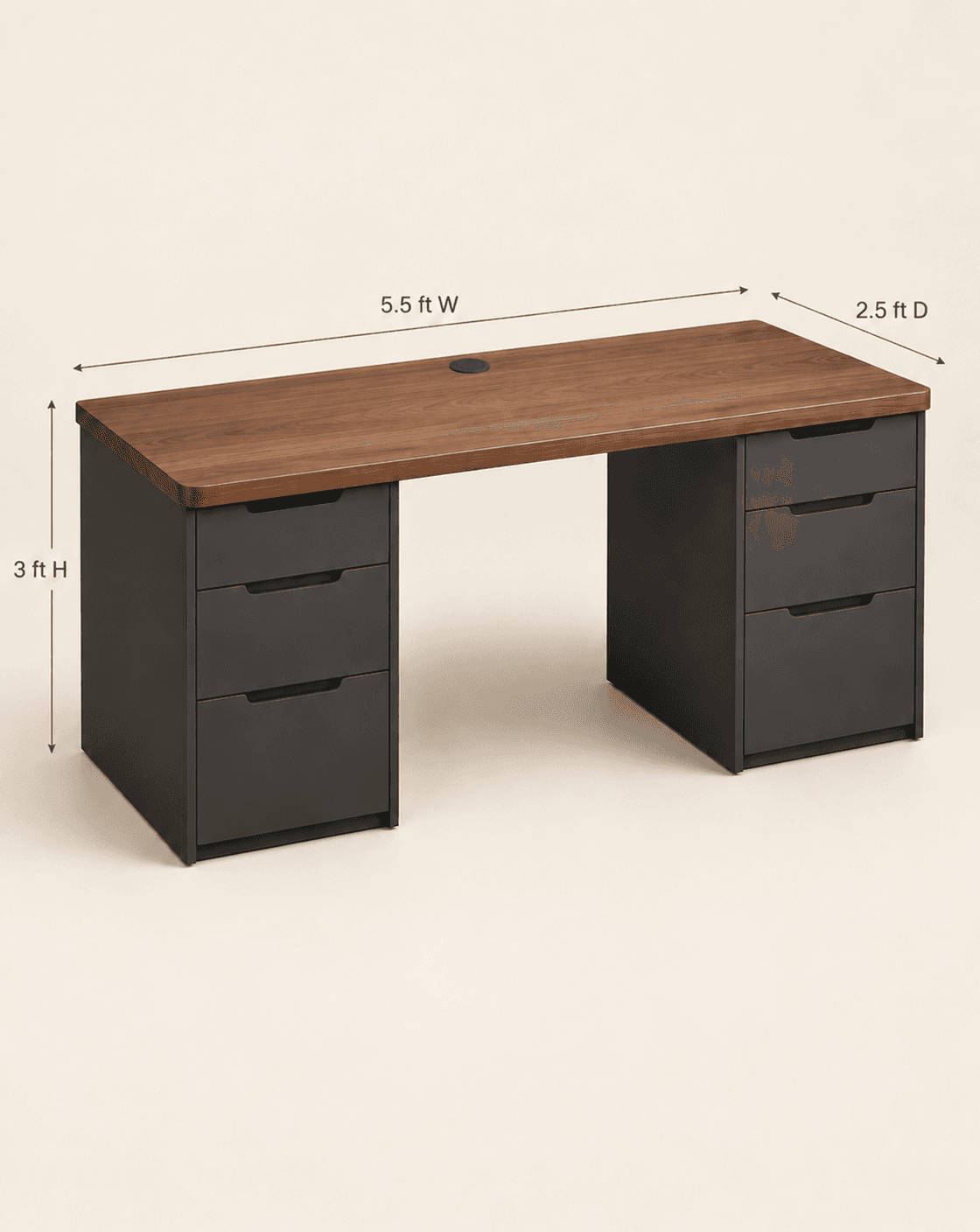 A modern executive desk featuring a brown wooden top and two dark gray drawer pedestals with integrated pulls and a cable management grommet. — 3D model