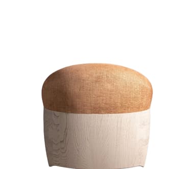 An upholstered barrel back accent chair featuring a curved backrest and integrated armrests. The seating area is entirely upholstered in a light brown, textured fabric, which contrasts with the exposed, light-toned wooden frame that encases the lower part and extends up the sides of the chair. The wooden frame exhibits a visible grain pattern, suggesting a natural wood finish. The design is compact and contemporary. — 3D model