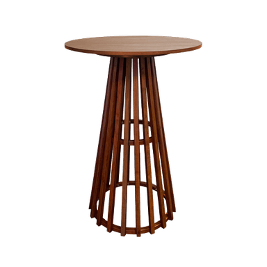 A tall, round wooden bar table featuring a distinctive tapered base constructed from vertical wooden slats. — 3D model