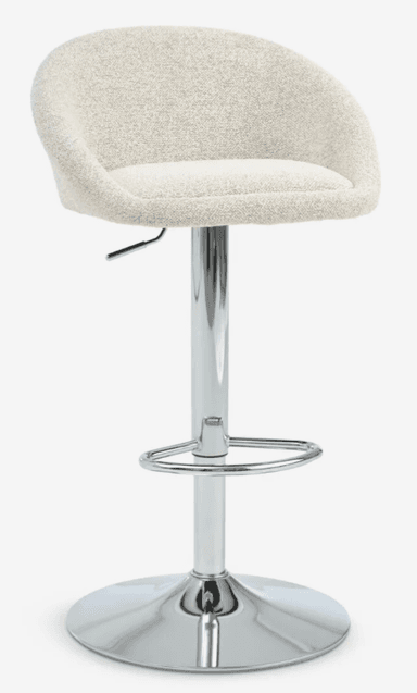 A contemporary bar stool with a rounded, upholstered seat and backrest, supported by a chrome-plated pedestal base. The stool features a gas lift mechanism for adjustable height, indicated by a lever on the side of the column. A circular footrest is integrated into the pedestal. — 3D model