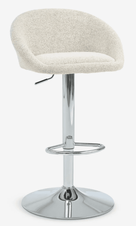 A contemporary bar stool with a rounded, upholstered seat and backrest, supported by a chrome-plated pedestal base. The stool features a gas lift mechanism for adjustable height, indicated by a lever on the side of the column. A circular footrest is integrated into the pedestal. — 3D model