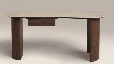 A modern console table featuring an organically shaped light-colored stone top, likely travertine or marble. It stands on two thick, half-round legs made of dark-toned wood, possibly walnut, which extend directly from the tabletop. An integrated, recessed drawer made of the same dark wood is situated beneath the tabletop. — 3D model