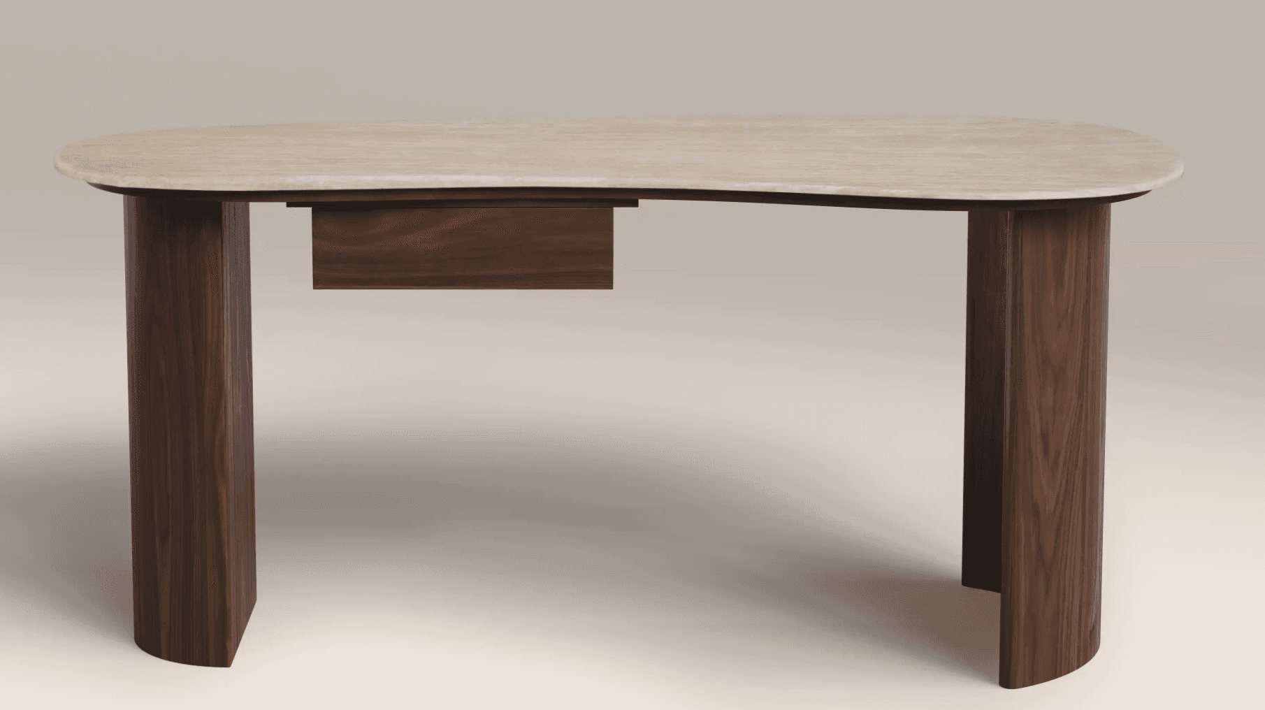 A modern console table featuring an organically shaped light-colored stone top, likely travertine or marble. It stands on two thick, half-round legs made of dark-toned wood, possibly walnut, which extend directly from the tabletop. An integrated, recessed drawer made of the same dark wood is situated beneath the tabletop. — 3D model