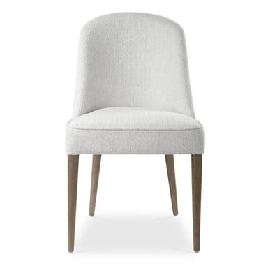 An armless upholstered dining chair featuring a gracefully curved high backrest and a fully cushioned seat, both covered in a light gray textured fabric. The chair is supported by four slender, tapered wooden legs with a dark, possibly walnut or espresso, finish. Its minimalist design and neutral color palette suggest a contemporary or transitional aesthetic. — 3D model