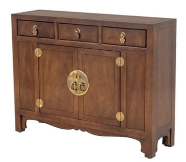 A rectangular dark wood cabinet with three upper drawers and two central doors, featuring intricate brass hardware in a traditional Chinese style. — 3D model