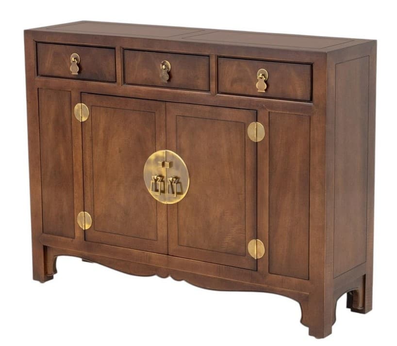 A rectangular dark wood cabinet with three upper drawers and two central doors, featuring intricate brass hardware in a traditional Chinese style. — 3D model