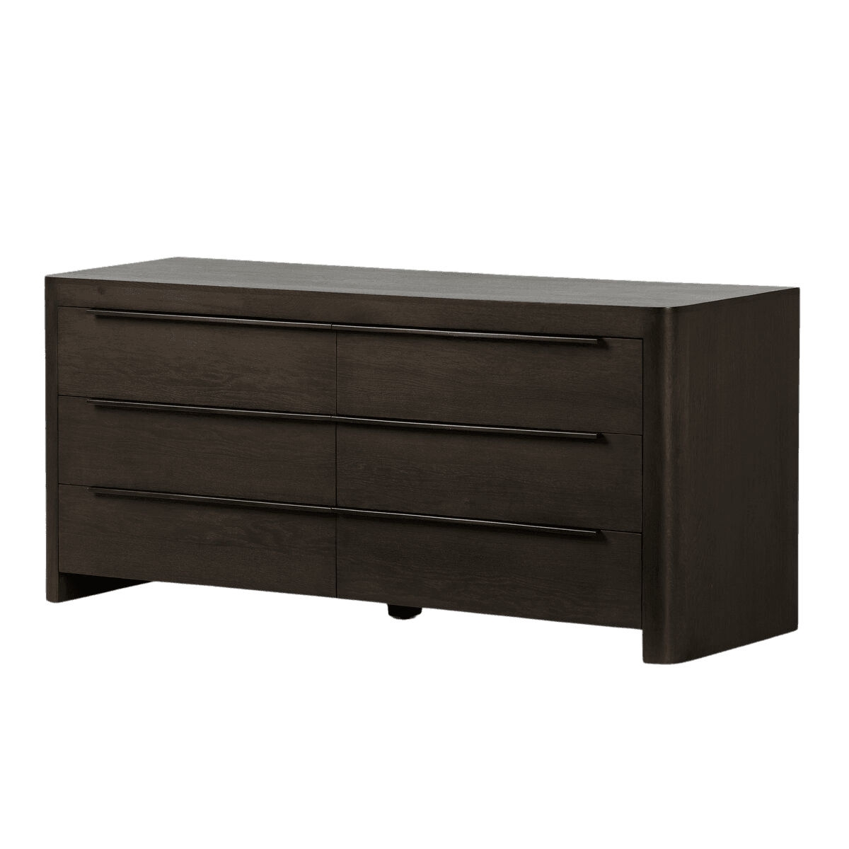 A dark-stained wooden dresser with six drawers arranged in two columns of three. The dresser has a rectangular top with slightly rounded edges on the side. Each drawer is fitted with a long, thin, horizontal metal handle. The sides of the dresser are slightly curved, and it rests on a low base. — 3D model