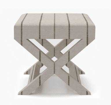 A rectangular upholstered ottoman featuring a distinctive X-shaped base, covered in a light-colored fabric with vertical dark stripes. — 3D model