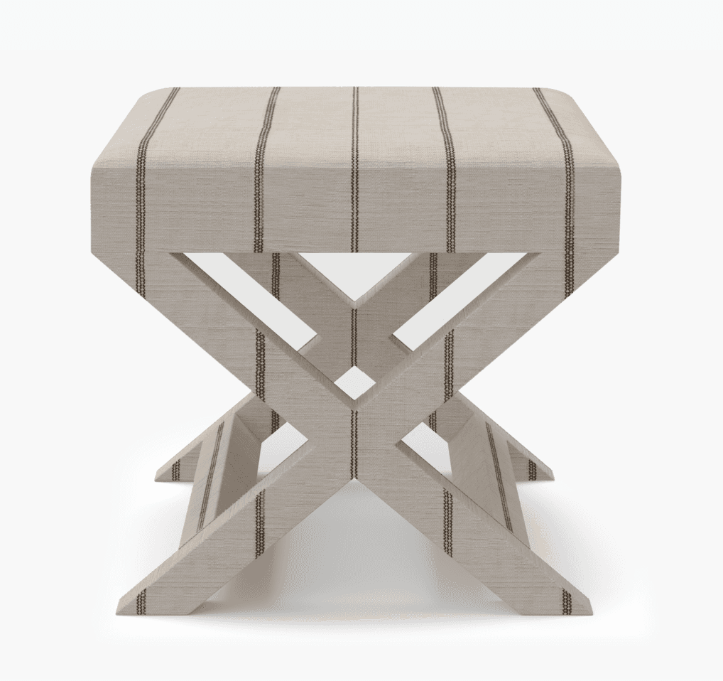 A rectangular upholstered ottoman featuring a distinctive X-shaped base, covered in a light-colored fabric with vertical dark stripes. — 3D model