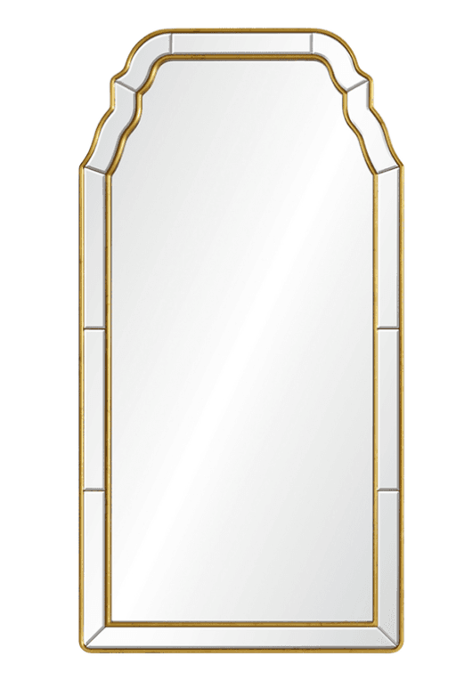 A tall, rectangular wall mirror featuring an ornate, scalloped arch at the top. It has a gold-finished metal frame and incorporates multiple beveled mirror panels, including a large central panel and segmented strips along the sides, creating a decorative and elegant appearance. — 3D model