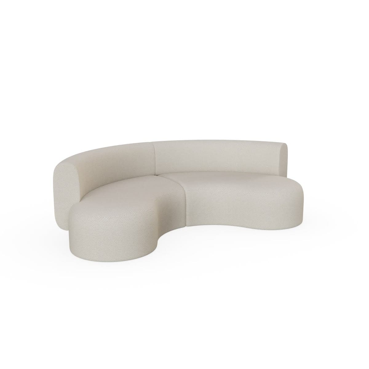 A light-colored, curved modular sectional sofa with a low profile and rounded, organic forms, upholstered in a textured fabric. — 3D model