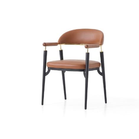 A contemporary armchair featuring a sleek design with a curved backrest and seat, upholstered in tan leather. It rests on slender, tapered black metal legs and includes wooden armrest caps connected by polished brass accent rods. — 3D model