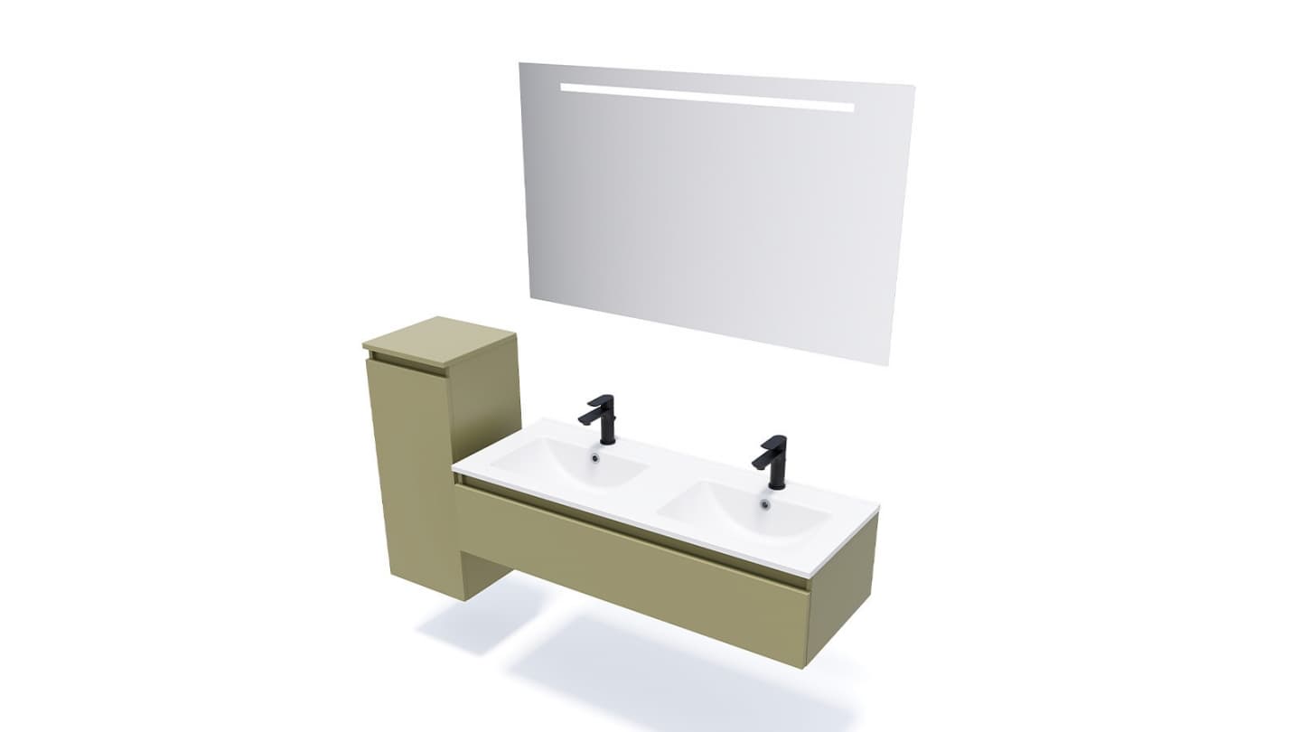 A modern wall-mounted double-sink bathroom vanity set, presented in a rendered image. It comprises a greenish-beige vanity cabinet with two integrated white ceramic sinks, two matte black faucets, a matching tall side storage cabinet, and a large rectangular mirror with integrated LED lighting. — 3D model