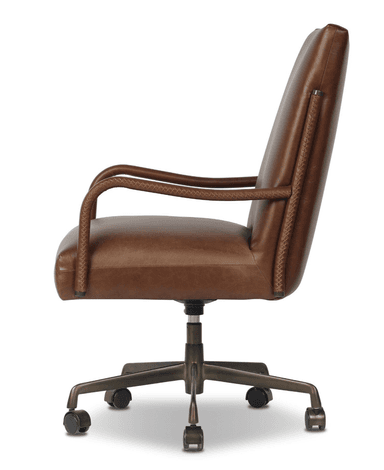 A contemporary brown leather swivel desk chair featuring a high back and cushioned seat, supported by a five-star metal base with casters. The chair includes fixed, curved metal armrests with decorative stitching details on the upholstered portions. — 3D model