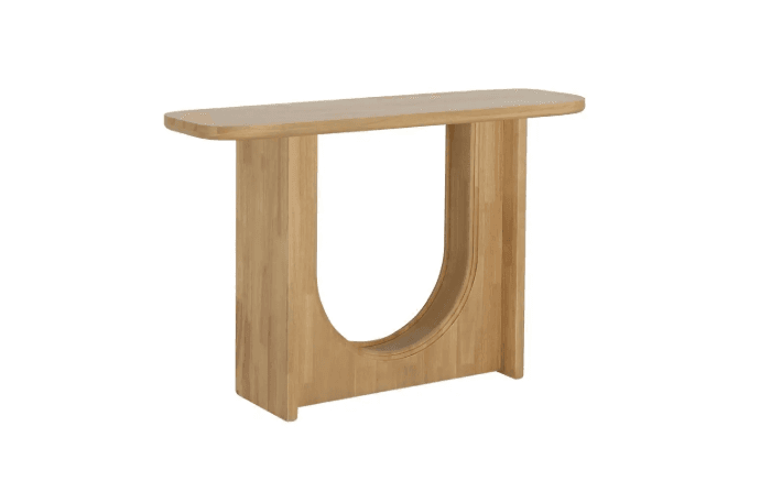 A modern wooden console table featuring a minimalist design with a rectangular top and a sculptural U-shaped base, made from light-toned wood. — 3D model