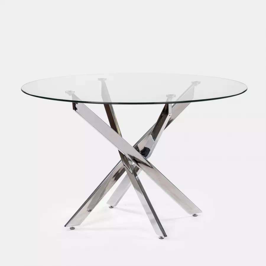 A modern round dining table featuring a blue-tinted tempered glass top and a polished chrome metal base with an X-shaped, sculptural design. The table is designed for contemporary spaces, offering a light and open aesthetic. — 3D model