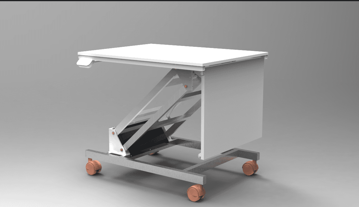 A 3D rendering of a modern, mobile, height-adjustable table. It features a rectangular white tabletop, a white integrated storage compartment, and a silver-colored scissor-lift mechanism mounted on a wheeled base with copper-colored casters. — 3D model