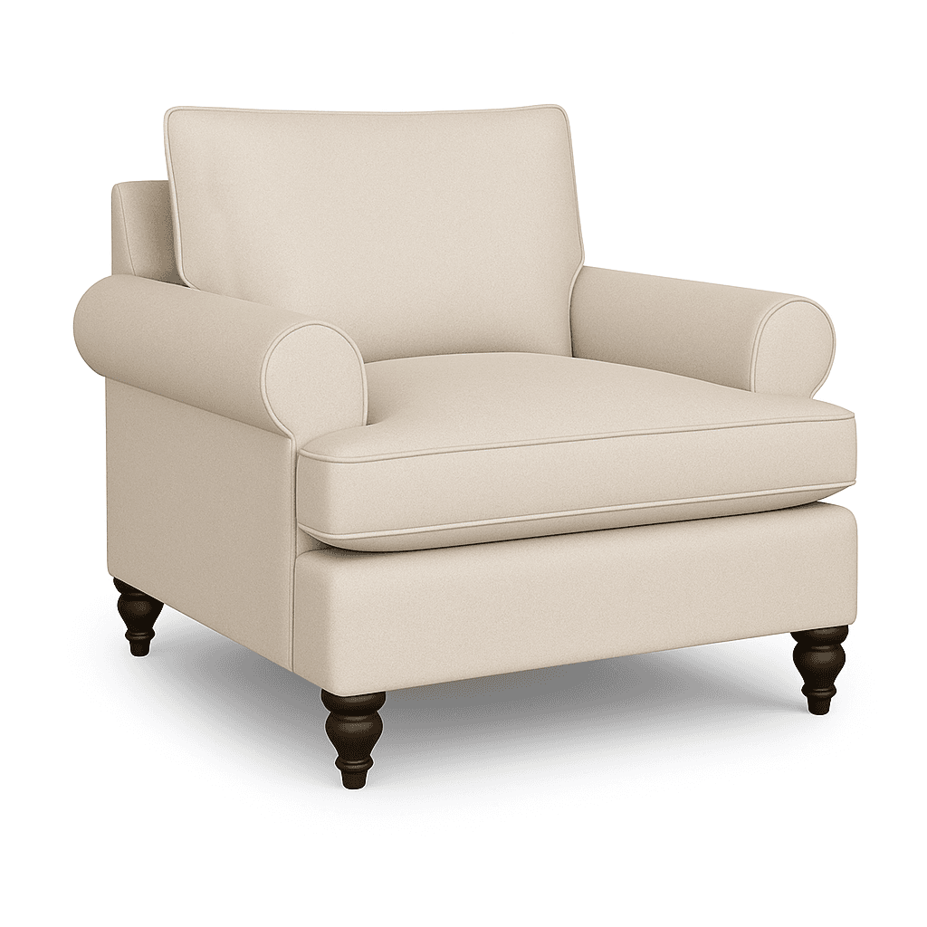 A well-upholstered armchair with rolled arms and a plush back cushion. The chair features a slightly rounded front apron and is supported by four dark, turned wooden legs. — 3D model