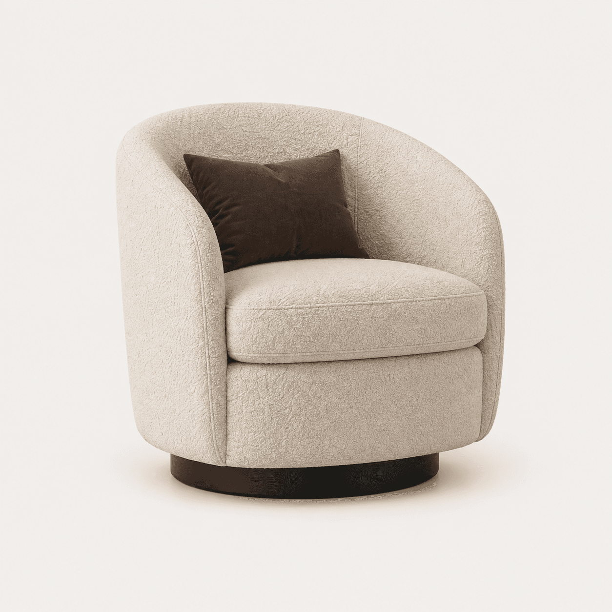 A modern upholstered armchair featuring a rounded, barrel-back design. It is covered in a cream/off-white bouclé fabric, providing a textured, cozy appearance. The chair sits on a black, circular swivel base. A small, dark brown velvet-like accent cushion is placed in the backrest. The seat cushion is separate and removable. — 3D model
